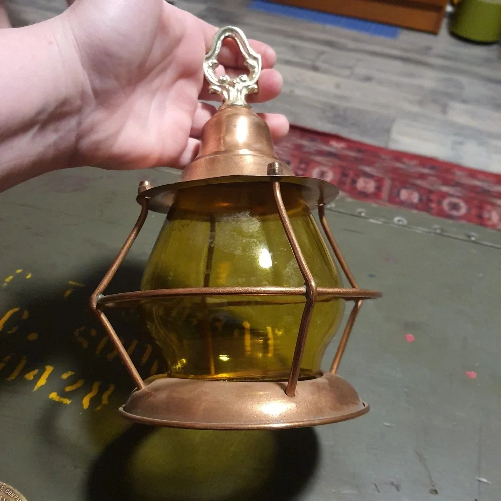 Vintage Metal Copper & Amber Glass Hanging Cage Lantern Naurical Railroad Decor